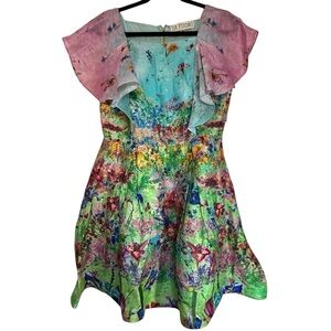 La Fuori 100% Silk Floral Dress Butterfly Embellished Ruffle Sleeve Size L